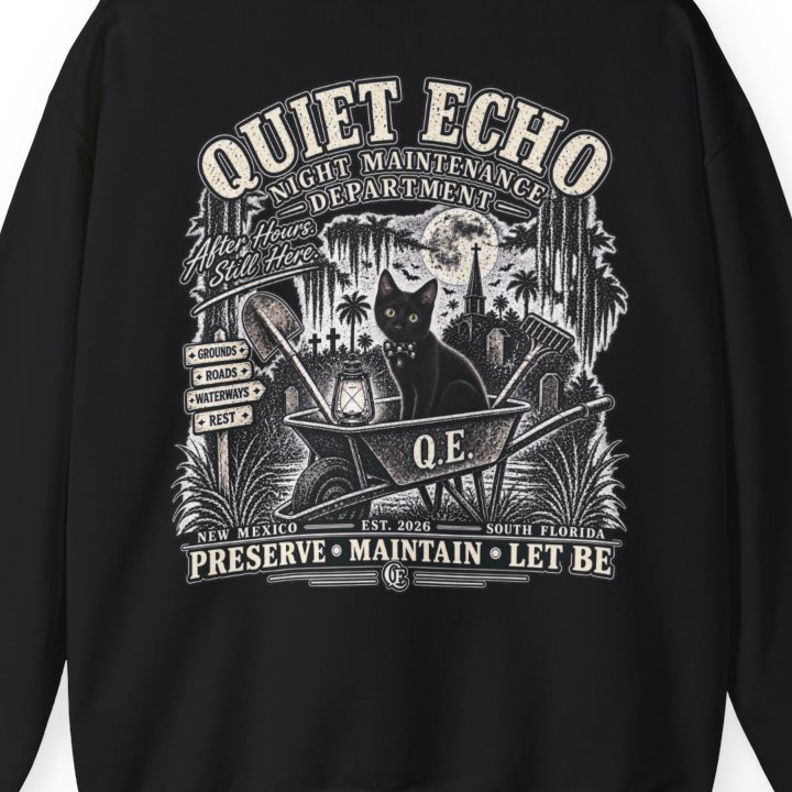 Black Quiet Echo Night Maintenance crewneck with large distressed back graphic