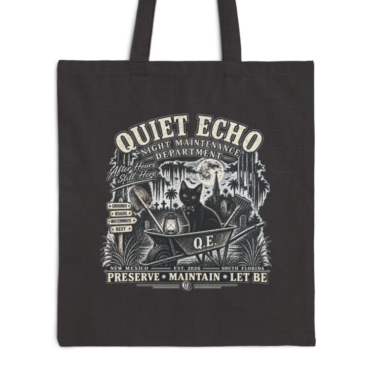 Black Quiet Echo Night Maintenance tote with distressed graphic